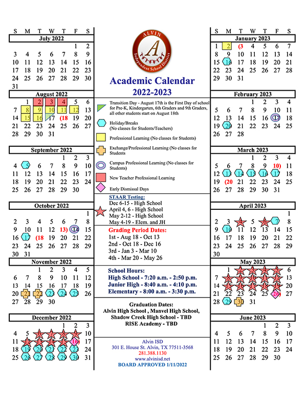 Alvin ISD Releases 20222023 Academic Calendar Del Bello Lakes